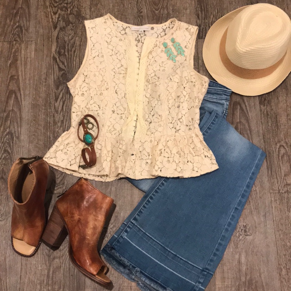 Beige Lace Ruffle Peplum Vest Blouse